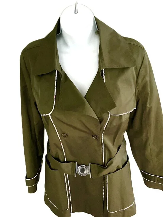 Guess Belted Trench Jacket Olive Green Cotton Blend Size M - Picture 12 of 13